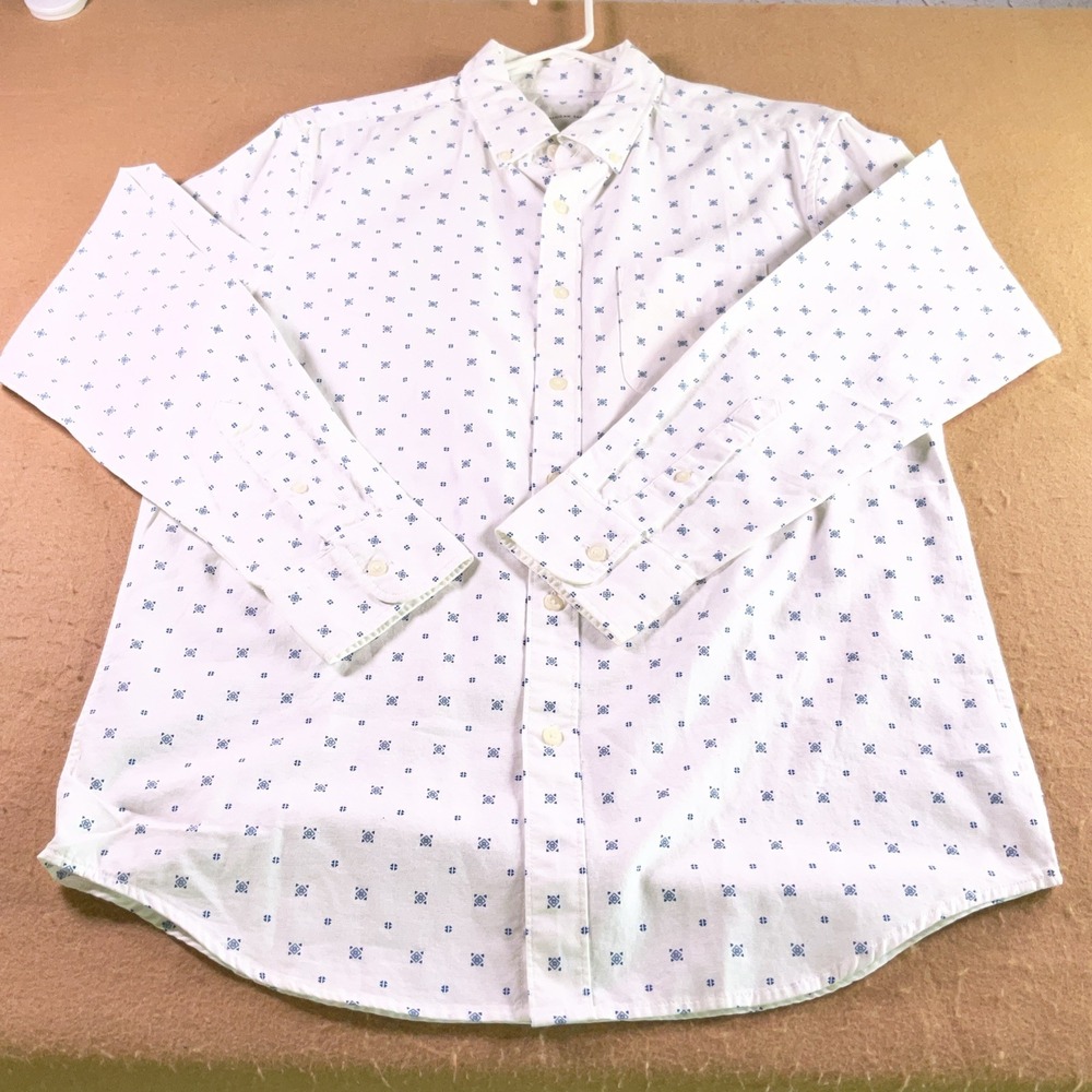 American Eagle Mens White Blue Geometric Tile Print Button Down Shirt Medium M